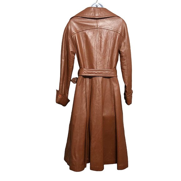 Vintage Lantry Spicy Brown Leather Belted Midi Coat Size S - Picture 5 of 9
